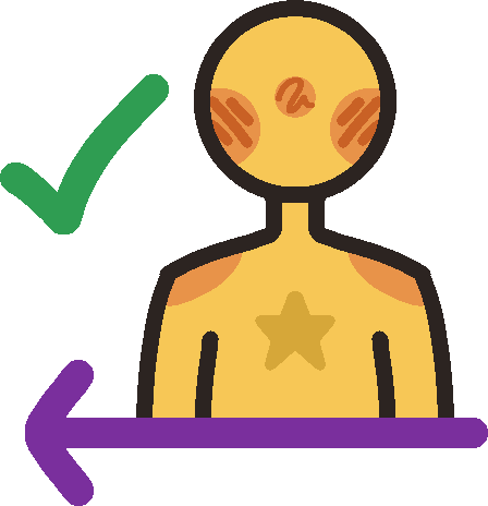 A nondescript yellow person with a star on their chest is positioned above a leftward-pointing purple arrow with a green checkmark to the left of the person.